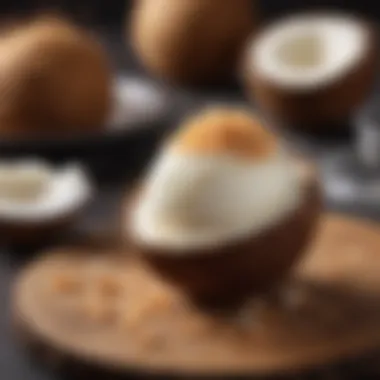 Refreshing Coconut Sorbet A refreshing sorbet served in a coconut shell topped with toasted coconut flakes