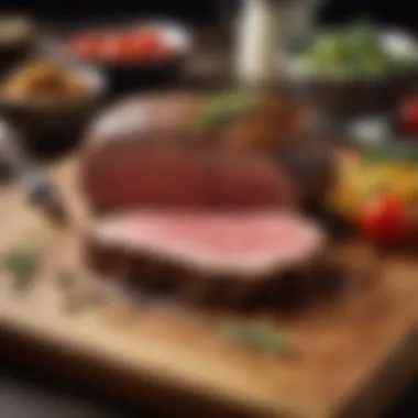 Garnished Steak Celebrating Culinary Craftsmanship Garnished steak on a rustic wooden board