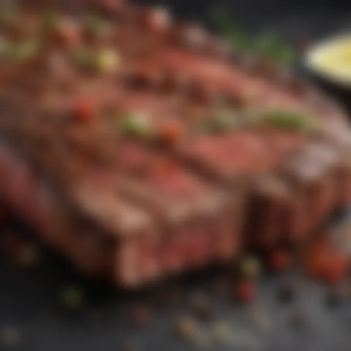 Close-up of marinated steak with unique seasoning