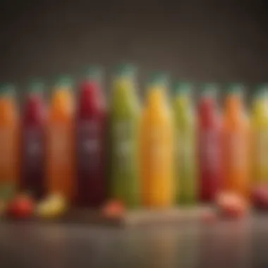 An artistic arrangement of various juice bottles showcasing different colors and ingredients