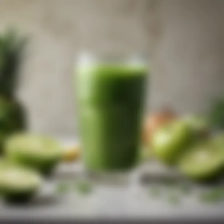 Close-up of a glass filled with a green juice, emphasizing its freshness and health benefits