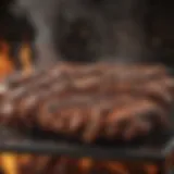 A fiery BBQ grill with smoke rising and meat sizzling.