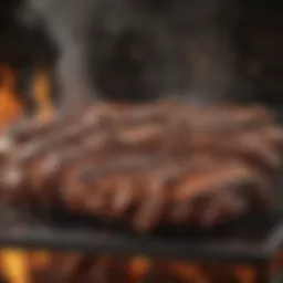 A fiery BBQ grill with smoke rising and meat sizzling.