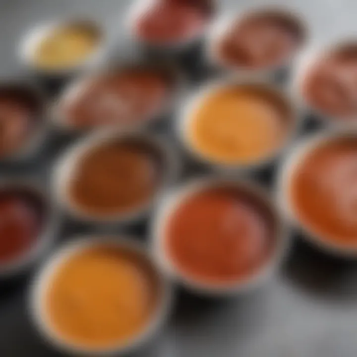 An artistic arrangement of various BBQ sauces in small bowls.