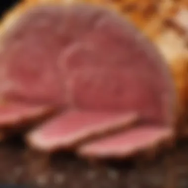 Close-up of juicy sliced Kirkland roast beef showcasing its tender texture.