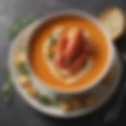 An elegant bowl of lobster bisque garnished with herbs