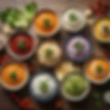 Selection of Low Fat Dips An array of low fat dips served in stylish bowls.