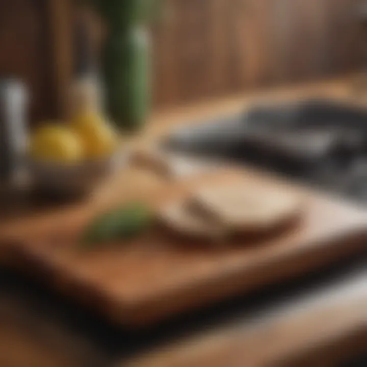 Well-maintained acacia wood cutting board displayed in a kitchen