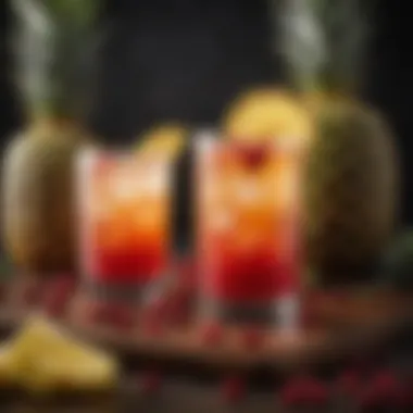Vibrant Ingredients for a Tropical Cocktail Vibrant display of ingredients: Malibu rum, fresh pineapples, and cranberries