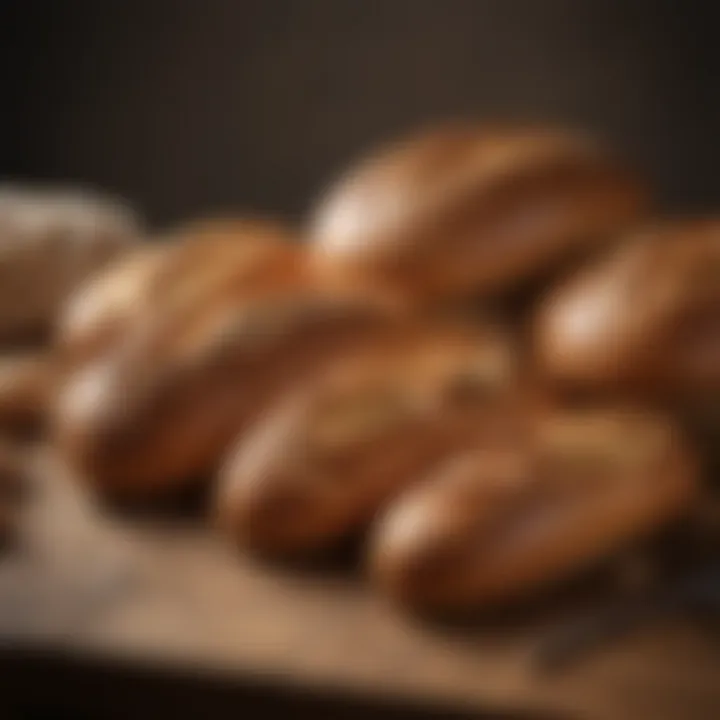 Freshly baked loaves resting on a wooden surface, highlighting various types of bread.