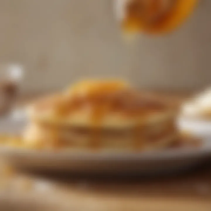 A close-up view of a fluffy pancake being drizzled with honey