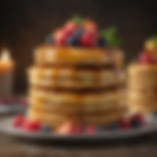 A well-stacked tower of golden pancakes topped with fresh berries and syrup