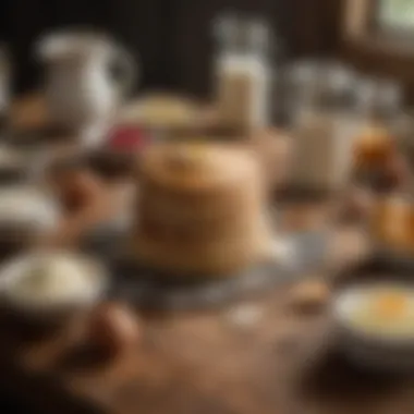 Essential Ingredients for Pancakes An array of ingredients displayed on a rustic wooden countertop, including flour, eggs, and milk