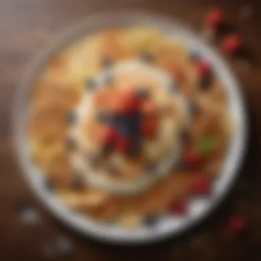 A beautifully arranged pancake platter featuring various toppings like fruits, nuts, and whipped cream