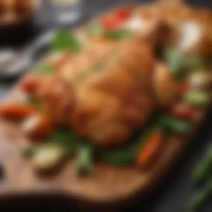 Garnished air-fried chicken breast with fresh vegetables on a wooden board