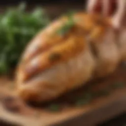 A perfectly baked chicken breast on a wooden cutting board with herbs