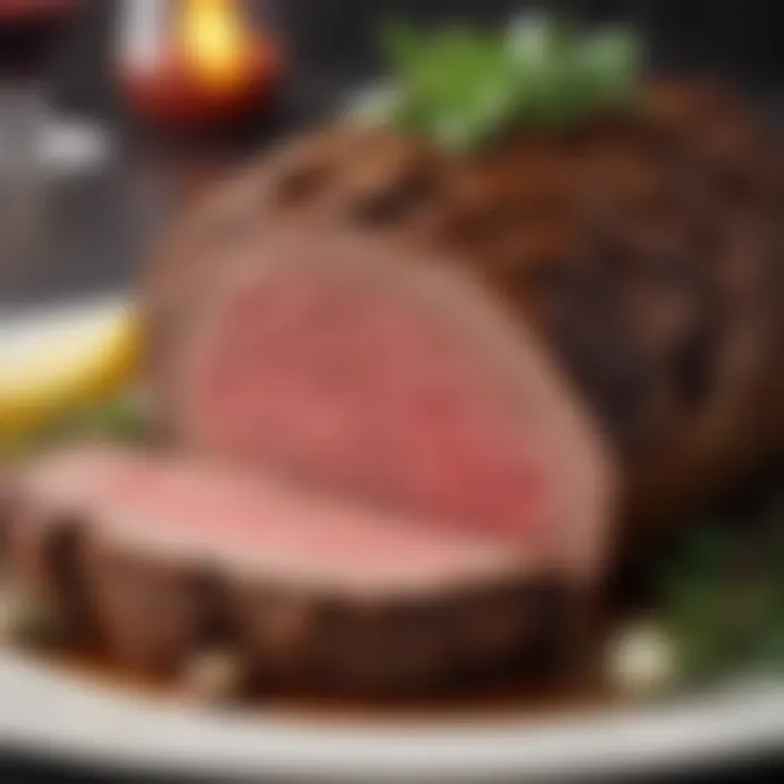 A beautifully roasted beef cut with a rich brown crust and herbs