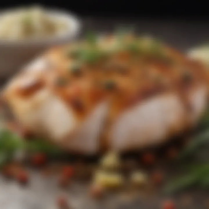 A close-up of marinated chicken breast with herbs and spices glistening.