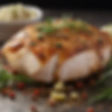 The Essence of Marination A close-up of marinated chicken breast with herbs and spices glistening.