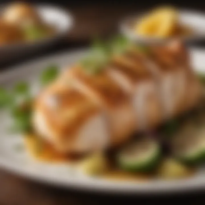 A beautifully plated dish of seasoned chicken breast with garnishes.