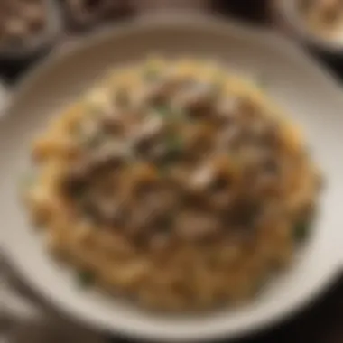 Pasta with Flavorful Mushroom Sauce A plate of pasta topped with flavorful mushroom sauce