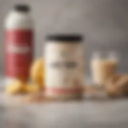 An arrangement of Nativepath Collagen Protein Powder with a scoop beside it and a glass of mixed drink