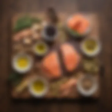 An assortment of healthy fats, such as olive oil and fatty fish, on a wooden table.