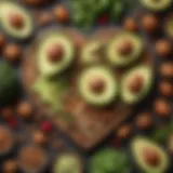 A vibrant display of heart-healthy foods including avocados, nuts, and leafy greens.