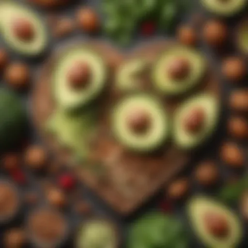 A vibrant display of heart-healthy foods including avocados, nuts, and leafy greens.