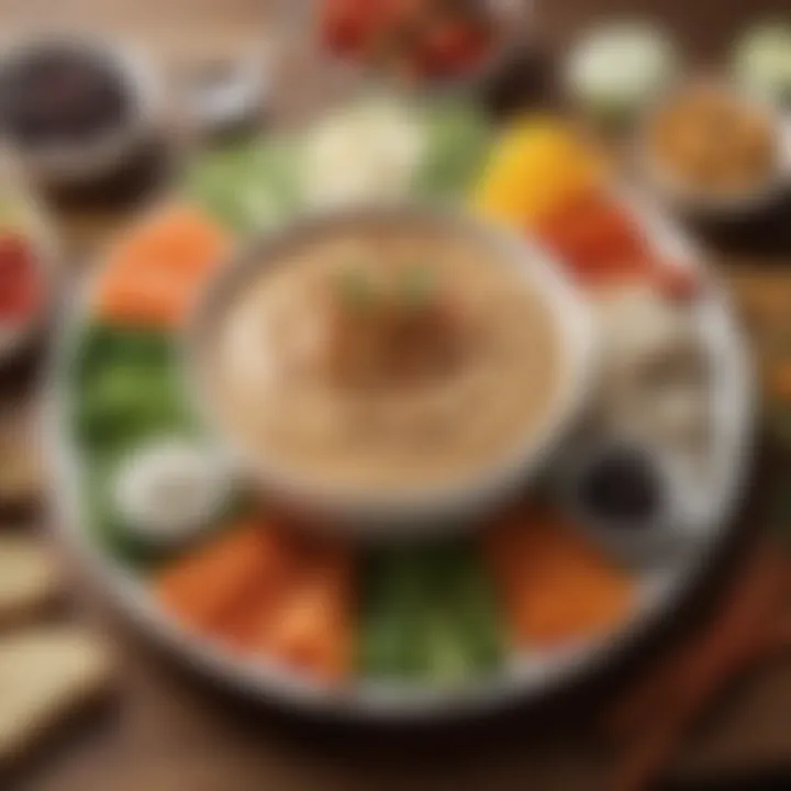 An elegant platter featuring a variety of healthy dips accompanied by fresh vegetable sticks.