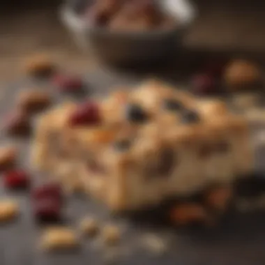 Homemade Energy Bar Delight A close-up view of a homemade energy bar made from oats, nuts, and dried fruits, showcasing its textures.