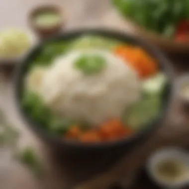 A bowl of jasmine rice with fresh herbs and vegetables around it.