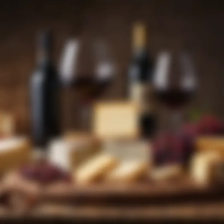 An assortment of aged cheeses with a rich red wine in a rustic setting, emphasizing bold flavors.