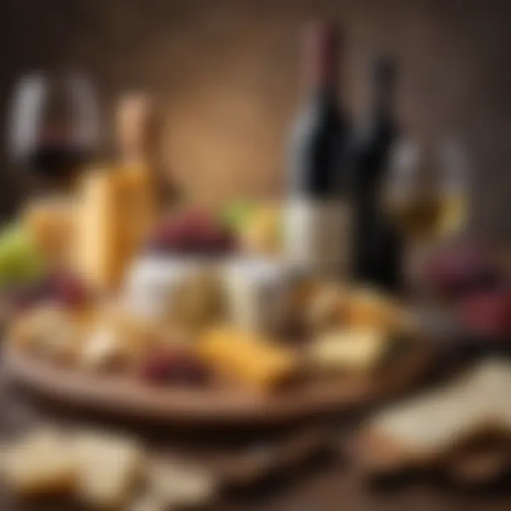 A beautifully arranged cheese platter featuring a variety of cheeses alongside a selection of wines.