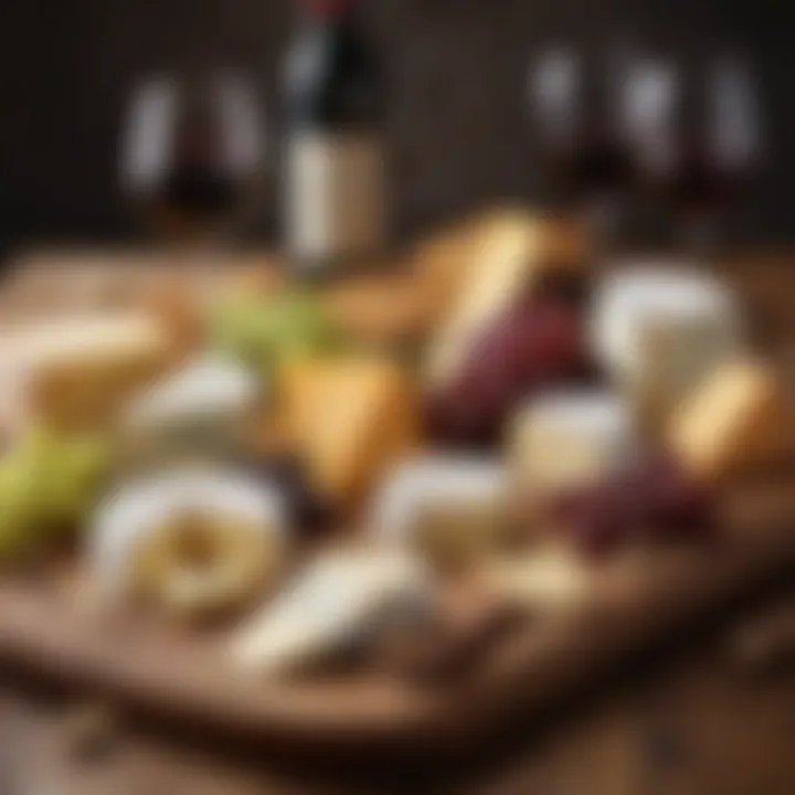 A selection of regional cheeses displayed with their corresponding wine pairings on a wooden board.