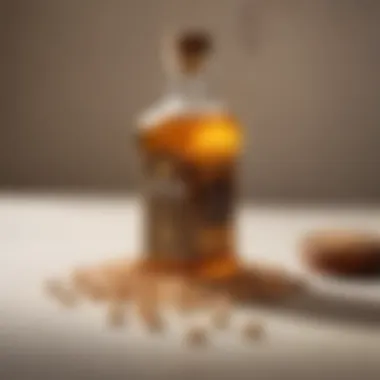 Golden Bottle of Peanut Oil A bottle of golden peanut oil with peanuts scattered around