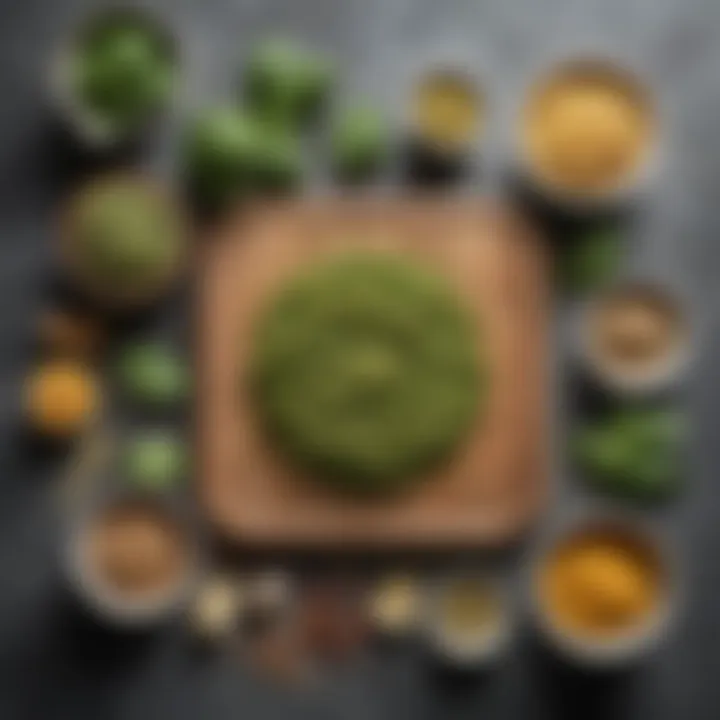 An array of fresh ingredients used for making nut-free pesto, including basil, garlic, and nutritional yeast