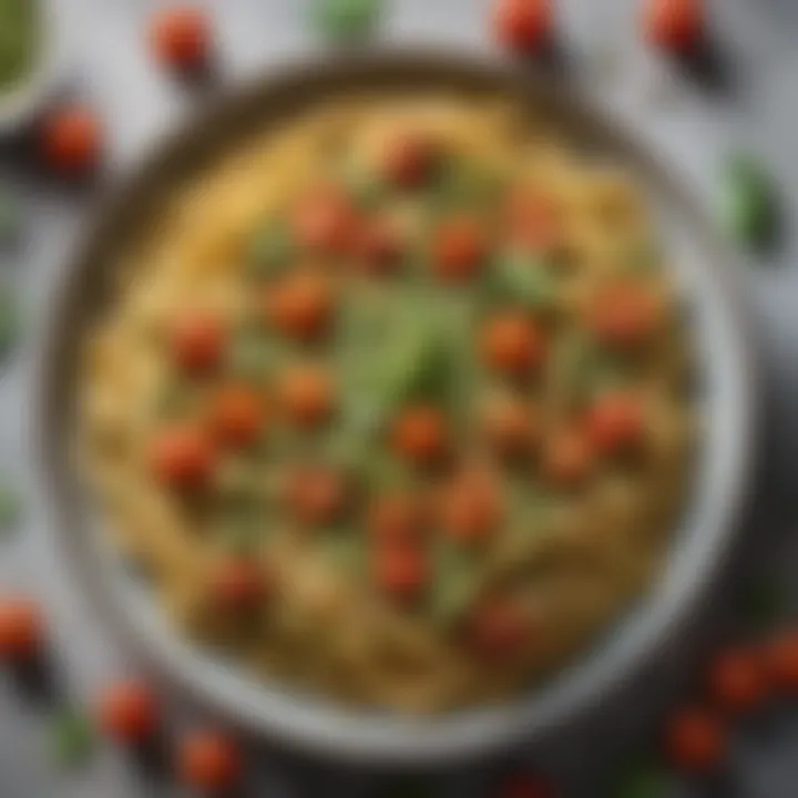 A close-up of a beautifully plated pasta dish topped with nut-free pesto sauce and cherry tomatoes