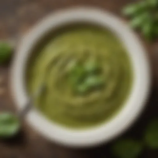 A vibrant bowl of nut-free pesto sauce garnished with fresh basil leaves and a drizzle of olive oil