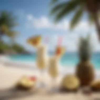 A tropical beach setting with piña colada cocktails