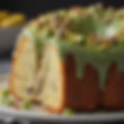 A beautifully decorated pistachio bundt cake showcasing its rich texture
