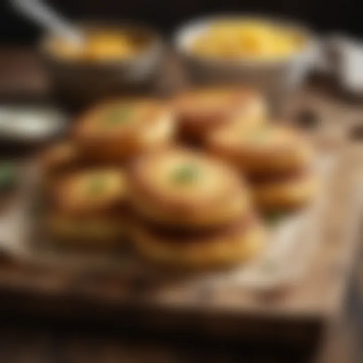 Golden-brown potato patties arranged on a rustic wooden board