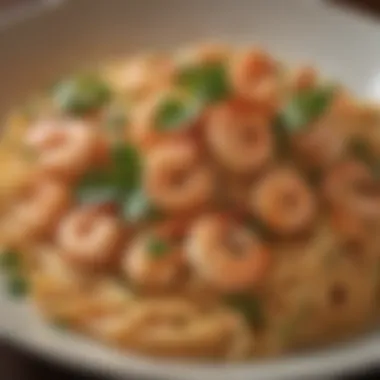 A Mediterranean shrimp pasta dish garnished with parsley