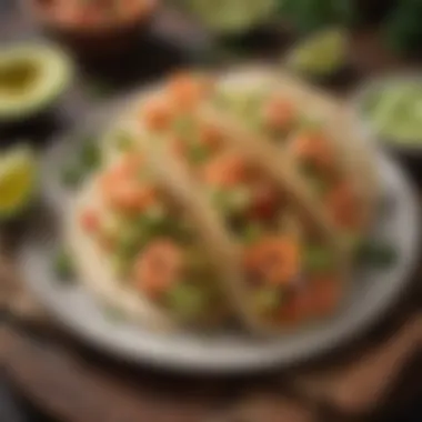 Savory Shrimp Tacos Shrimp tacos topped with fresh avocado and salsa