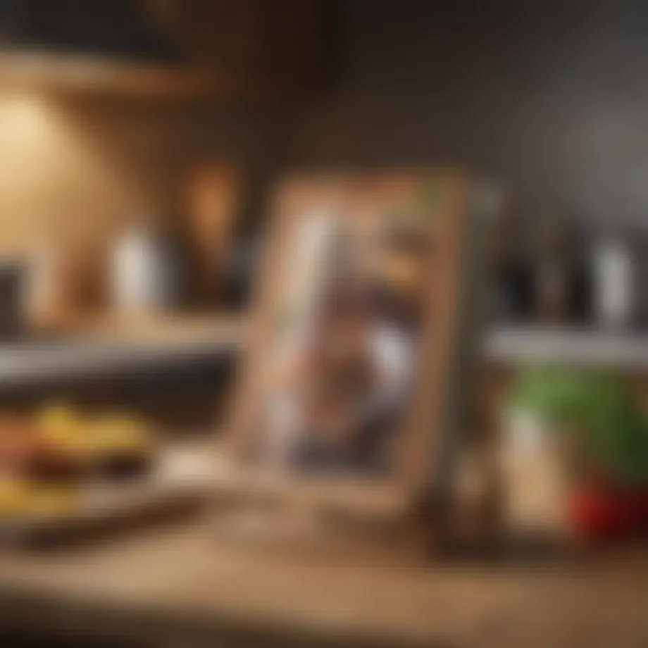 Elegant wooden recipe book stand showcasing a cookbook in a kitchen setting