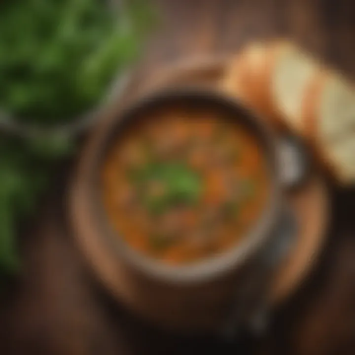 A delicious lentil soup garnished with fresh herbs and served in a rustic bowl.