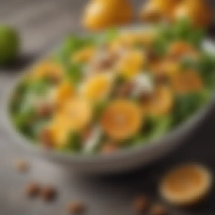 A close-up of a sophisticated salad with citrus segments and toasted nuts