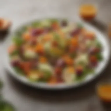 Seasonal Vegetable Extravaganza An artistic presentation of a salad with seasonal vegetables and a drizzle of vinaigrette