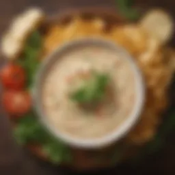 A bowl of creamy Rotel cheese dip garnished with fresh herbs