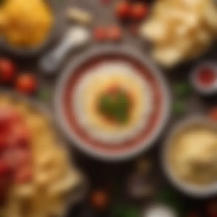 An array of colorful ingredients used in Rotel cheese dip including cheese and tomatoes